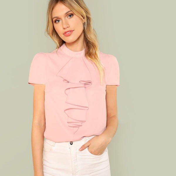 

Mock Neck Jabot Solid Top, Pink