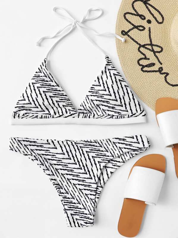 

Chevron Halter Bikini Set, Black and white