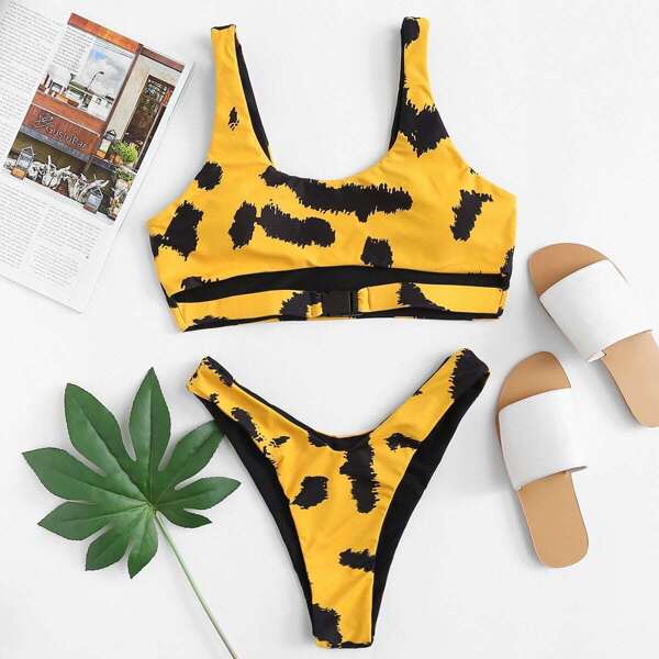 

Brush Print Scoop Top With High Leg Bikini Set