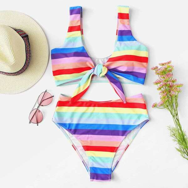 

Striped Knot Front Top With High Waist Bikini