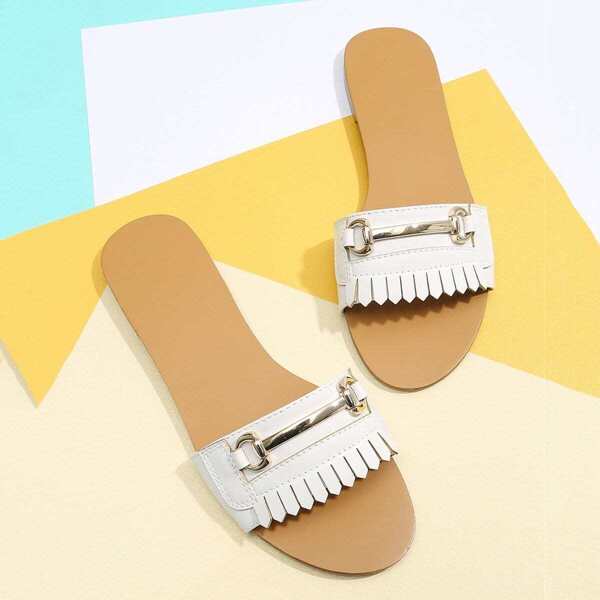 

Metal Detail PU Flat Sandals, White