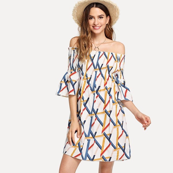 

Off Shoulder Allover Printed Shirred Dress