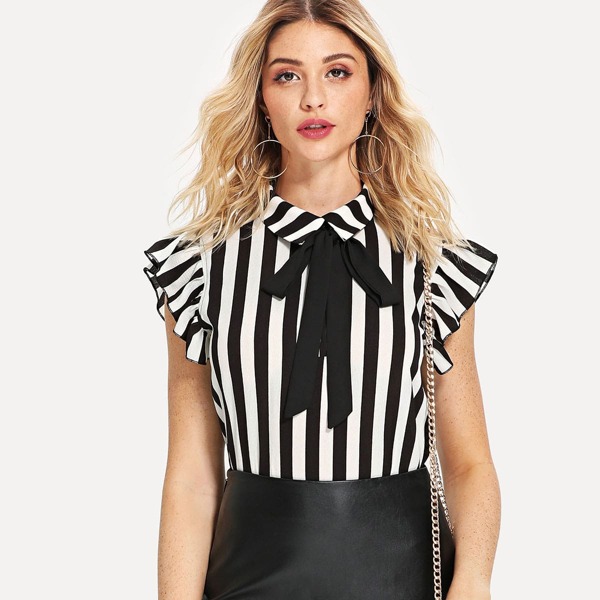 

Tie Neck Ruffle Armhole Striped Top, Black and white