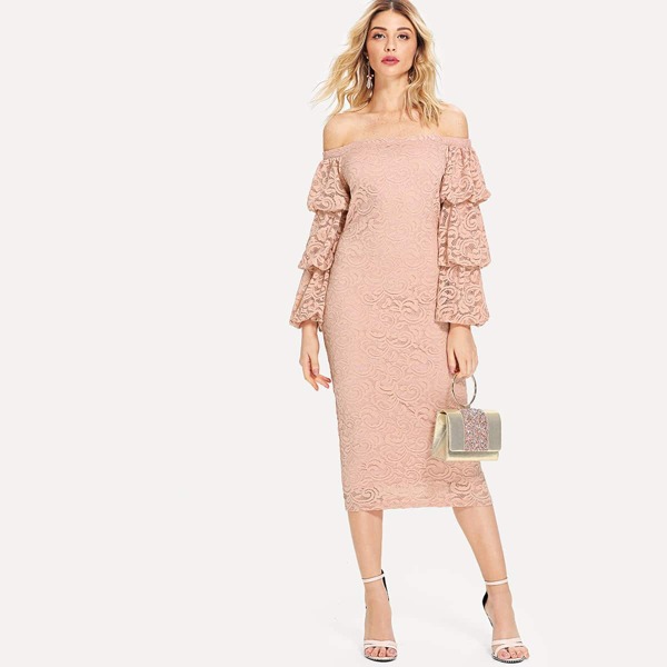 

Layered Sleeve Off Shoulder Lace Pencil Dress