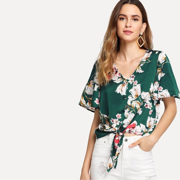 

Button Up Bell Sleeve Knot Floral Blouse
