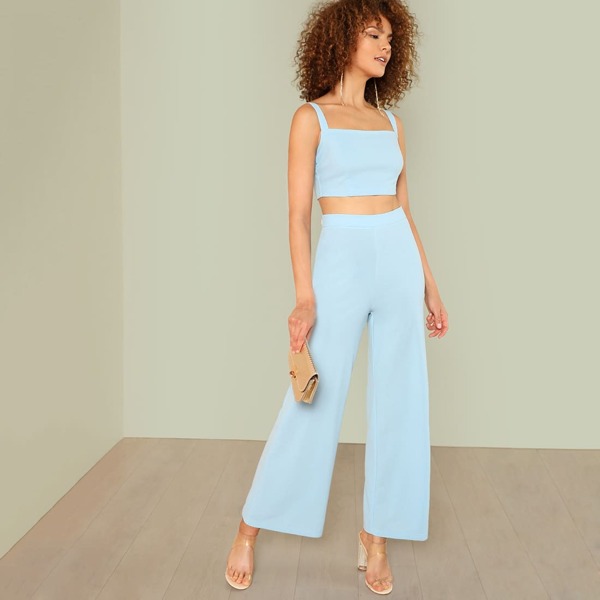 

Thick Strap Crop Top & Palazzo Pants Set, Blue