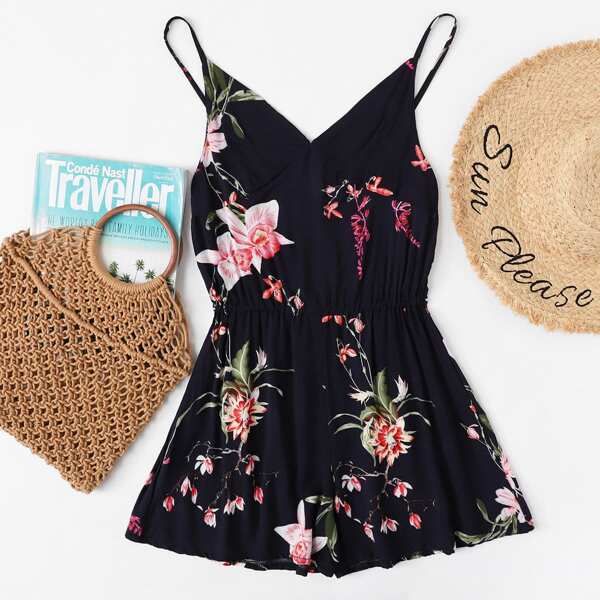 

Floral Surplice Elastic Waist Cami Romper, Multicolor