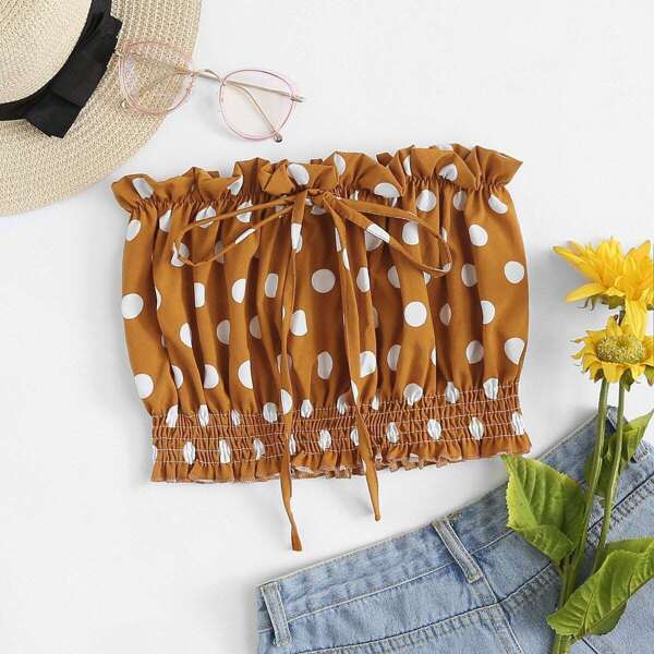 

Polka Dot Tie Front Frill Shirred Trim Tube Top, Multicolor
