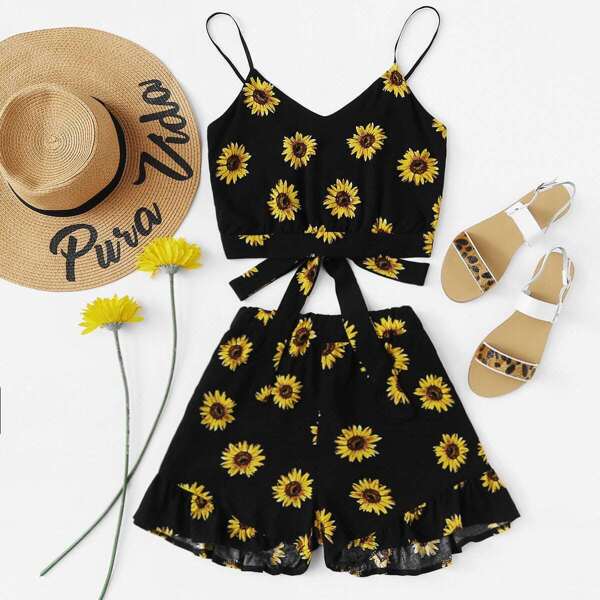 

Sunflower Print Cami With Ruffle Hem Shorts, Black