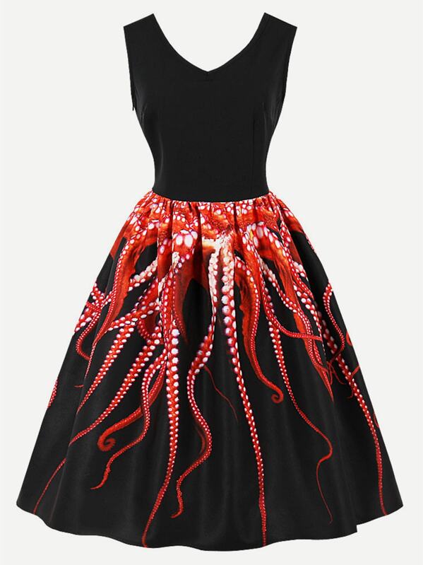 

Octopus Print V Neckline Dress, Multicolor