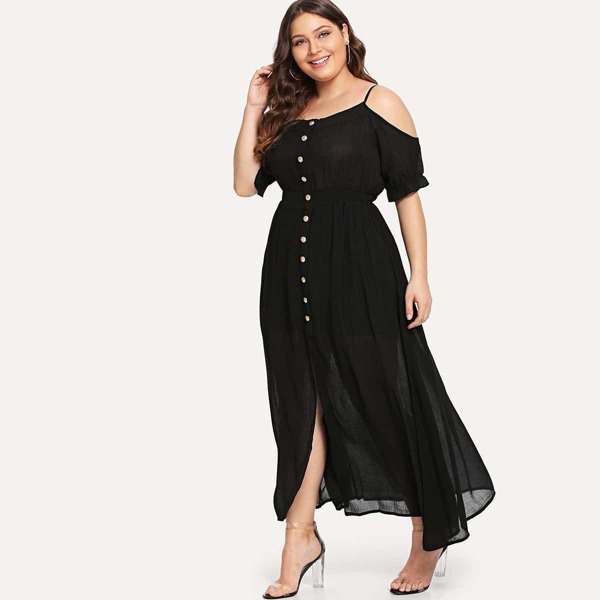 

Plus Open Shoulder Single Breasted Dress, Black