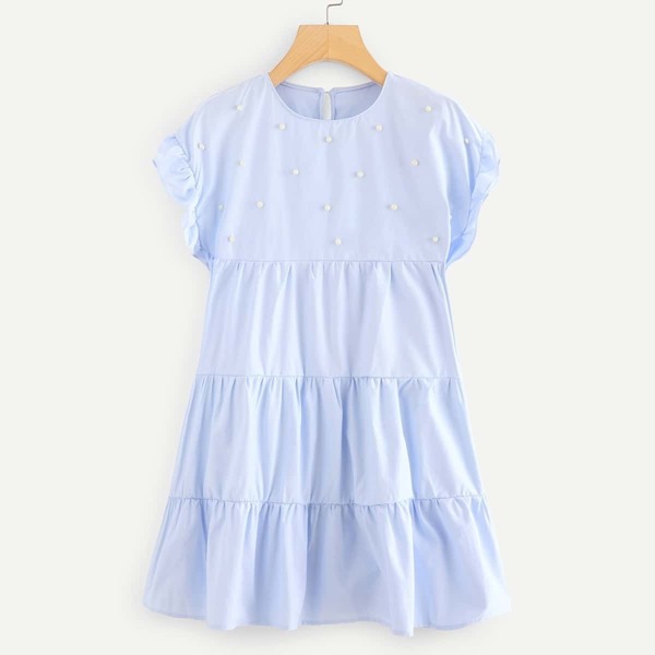 

Ruffle Trim Pearl Beaded Dress, Blue
