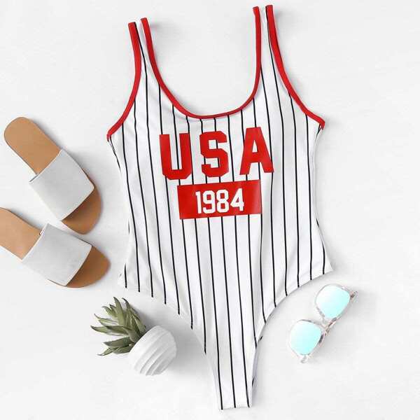 

Letter & Striped Graphic Contrast Binding One Piece Swim, Multicolor