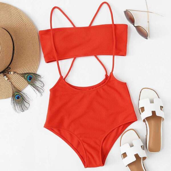 

Plus Ribbed Bandeau With Crisscross Suspender Swimsuit, Orange