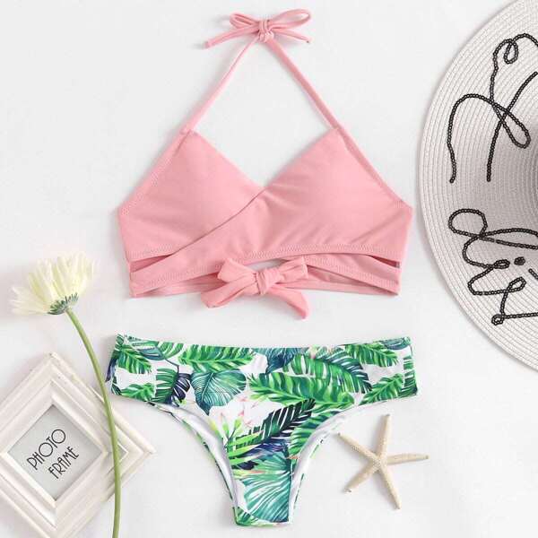 

Plus Cross Wrap Halter Top With Hipster Bikini Set, Multicolor