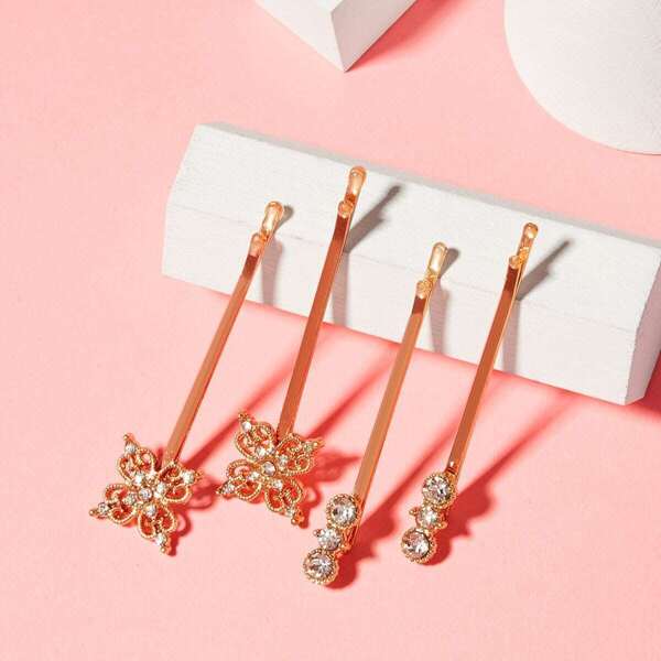 

Rhinestone & Flower Hair Clip 2Pair, Золотистый
