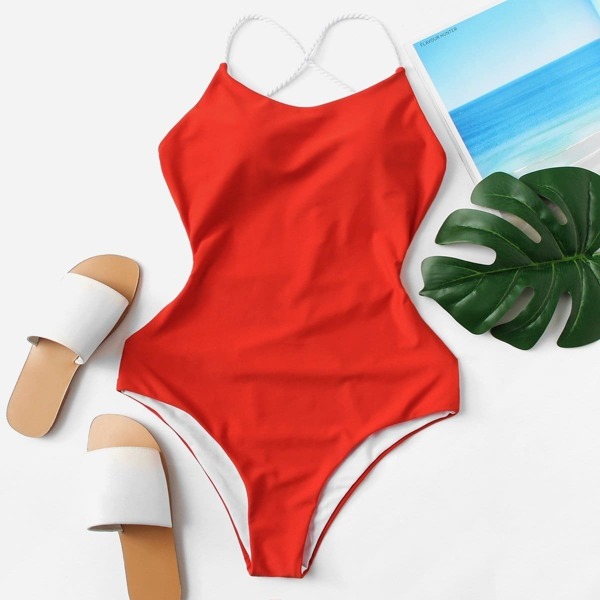 

Seam Trim Open Back One Piece Swimsuit, Red