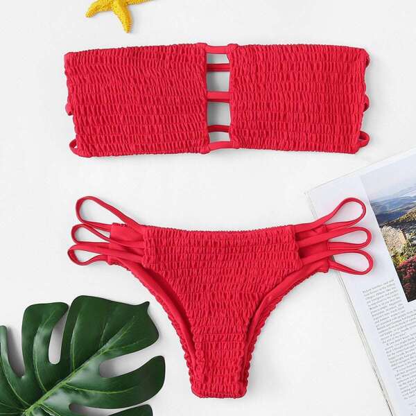 

Smocked Ladder Cut-out Bandeau With Side Strappy Bikini, Red bright