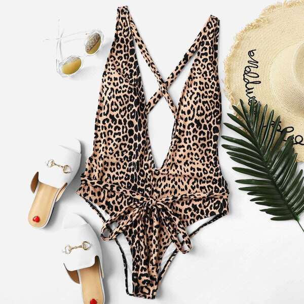 

Leopard Crisscross Back Plunging Tie-Front One Piece Swim, Multicolor