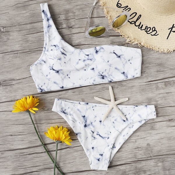 

One Shoulder Marble Bikini Set