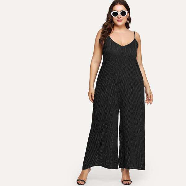 

Plus Polka Dot Cami Romper, Black
