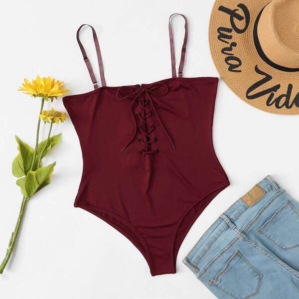 

Eyelet Lace-Up Front Cami Bodysuit