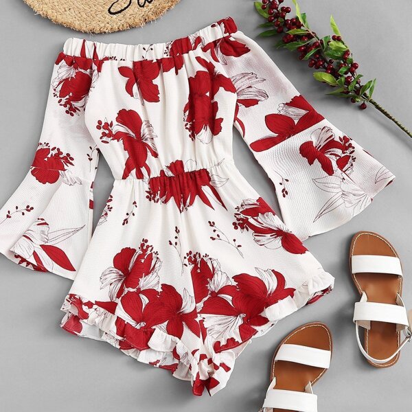 

Off Shoulder Floral Print Bell Sleeve Romper, Multicolor