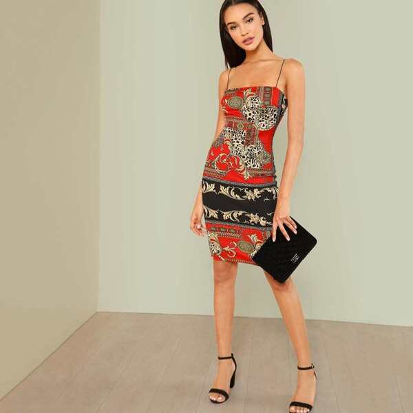 

Scarf Print Bodycon Cami Dress, Multicolor