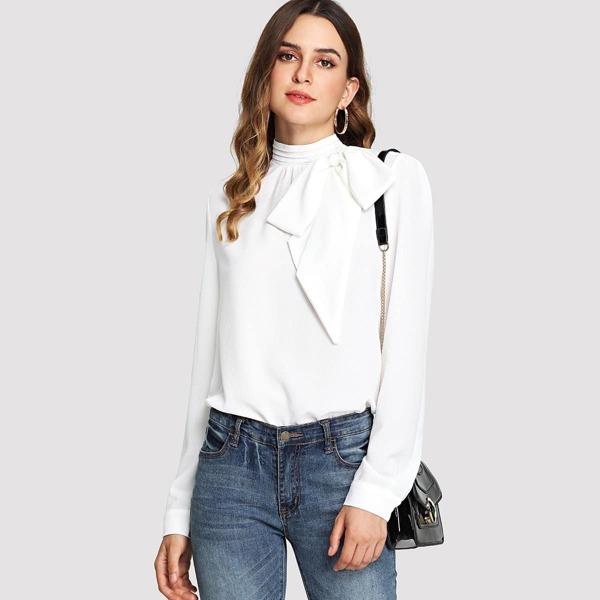 

Tie Neck Textured Top, White