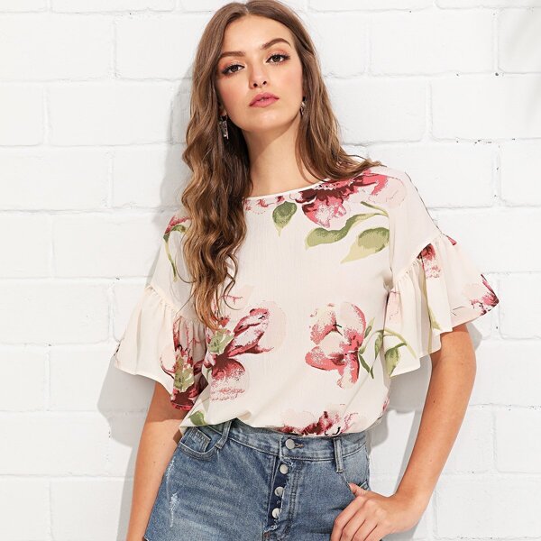 

Flounce Sleeve Button Keyhole Floral Top, Beige