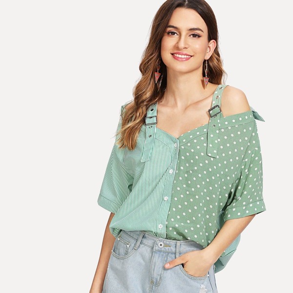 

Dot Spliced Buckle Strap Striped Shirt