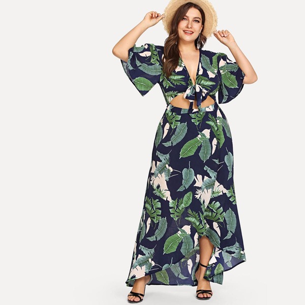 

Plus Knot Front Cutout Midriff Tropical Dress, Multicolor