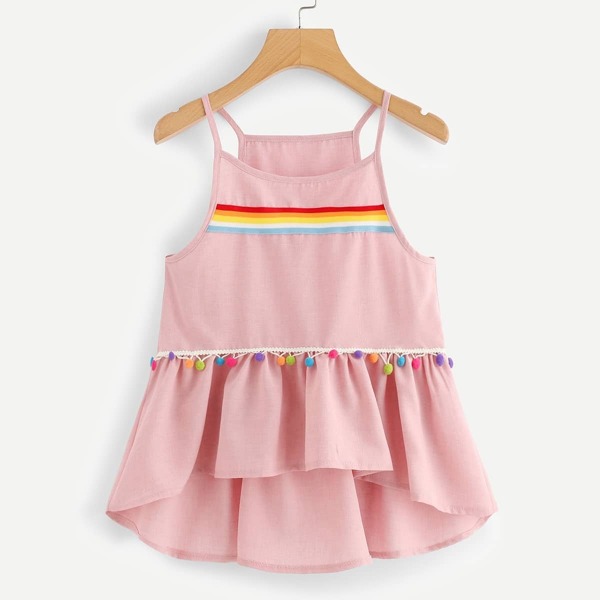 

Pom-Pom Trim Striped Dip Hem Top