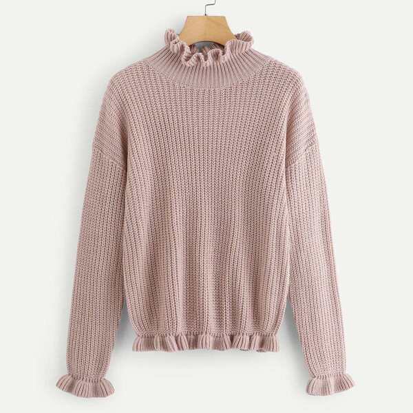 

Ruffle Trim Drop Shoulder Sweater, Pink