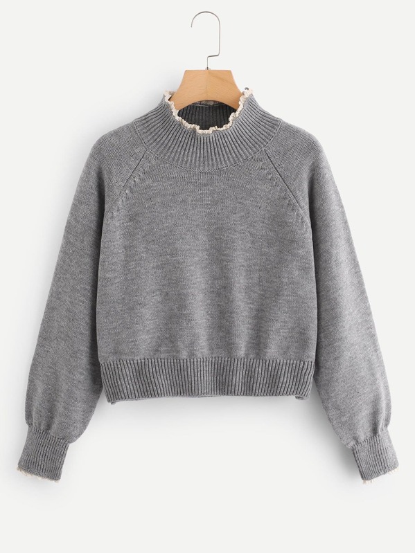 

Кружева Trim High Neck Heather Grey Sweater, Серый