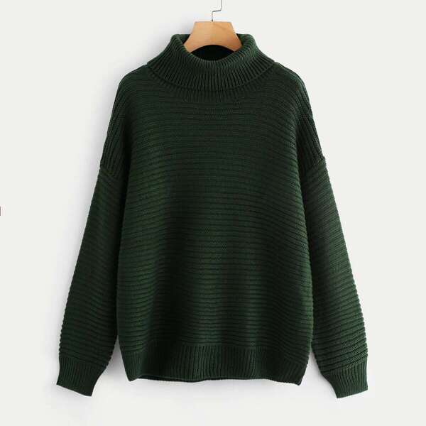 

Turtleneck Drop Shoulder Rib Knit Sweater