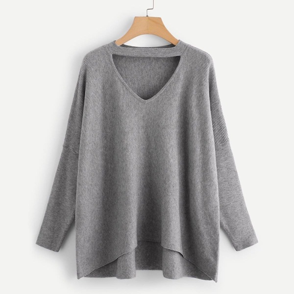 

Choker Neck Dip Hem Soft Knit Sweater, Grey