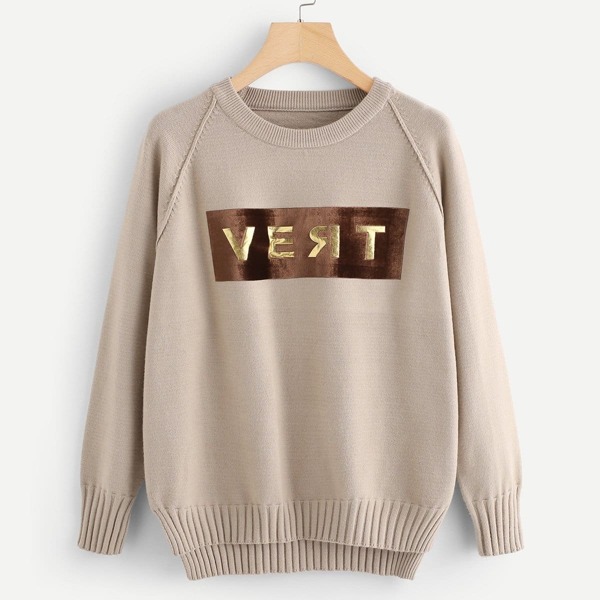 

Raglan Sleeve Stepped Hem Lettering Sweater, Beige