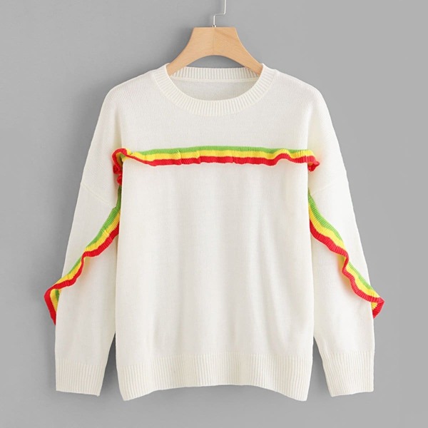 

Soft Knit Sweater with Striped Ruffle