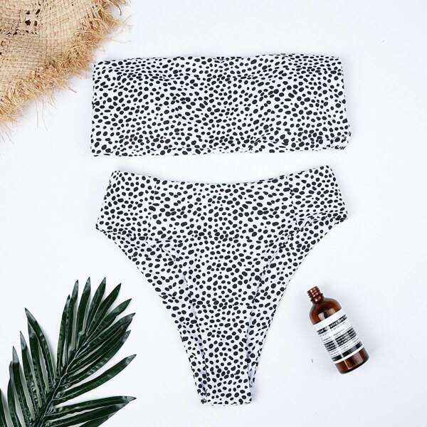 

Dalmatian Print Bandeau Top With High Waist Bikini, Black and white