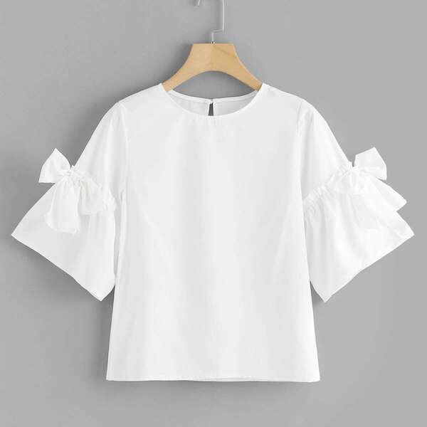 

Bow Detail Flounce Sleeve Keyhole Back Blouse, Beige