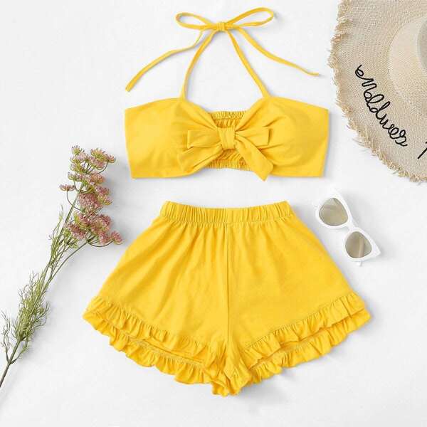 

Tie Front Crop Halter Top With Shorts, Yellow