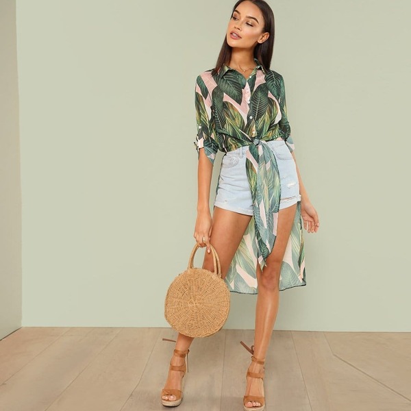 

Knot Front Tropical Print Longline Shirt, Multicolor