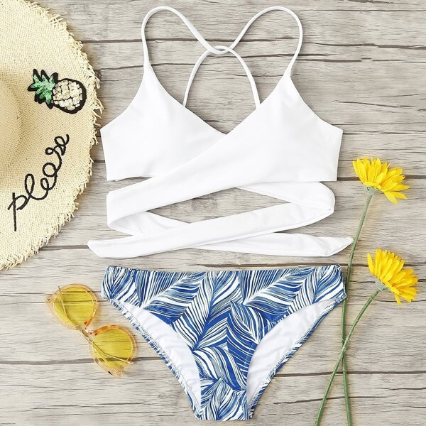

Crisscross Tropical Print Bikini Set, Multicolor