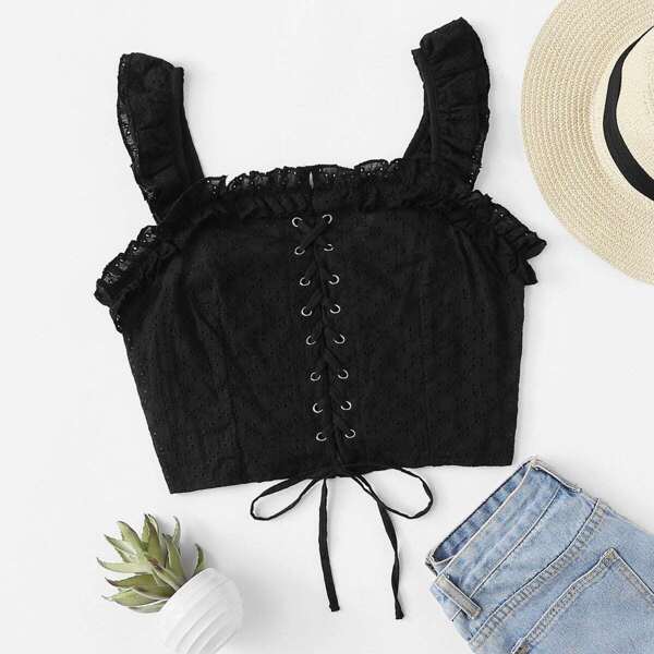 

Lace Up Front Ruffle Crop Top