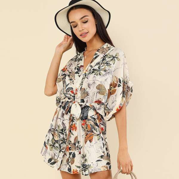 

Tropical Print Self Belt Kimono Dress, Multicolor