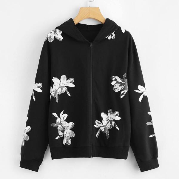 

Zipper Up Floral Hoodie Jacket