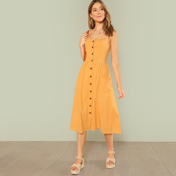 

Pocket Patched Button Up Cami Dress, Yellow