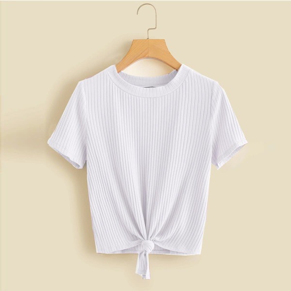 

Knot Front Solid Ribbed Tee, White