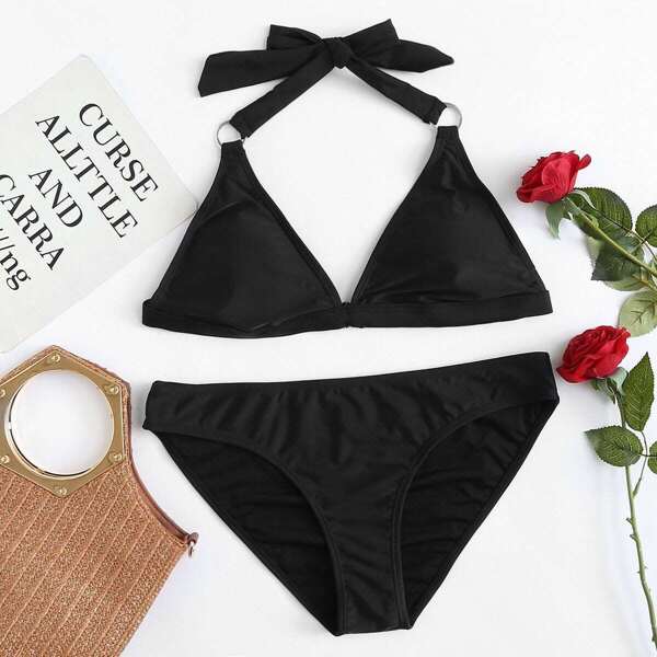 

Plus Metal Ring Link Halter Bikini Set
